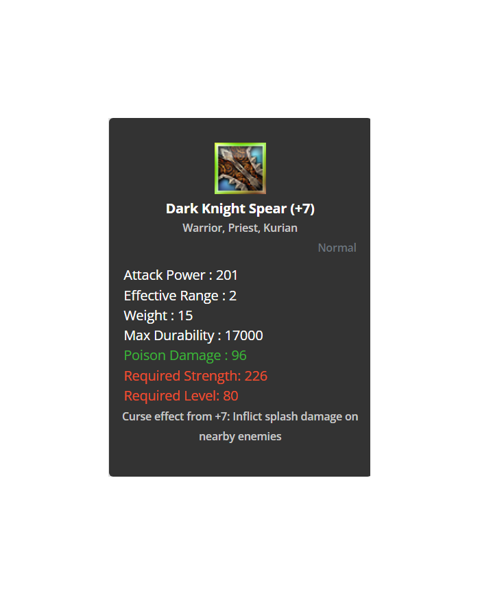 Dark Knight Spear +7 No Rev - Warior Holy Set +7 No Rev